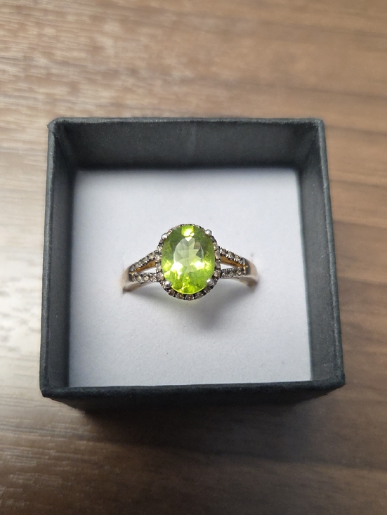 Jewelry - Oval Peridot Gemstone Halo Ring Gold Tone Stamped 925 Enhanced With Diamonds